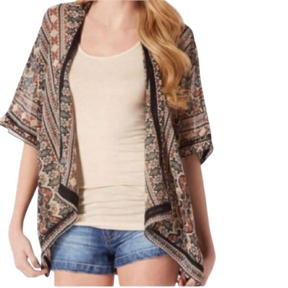 Angie Aztec Tribal boho print kimono style open front lightweight cardigan M - Picture 1 of 10